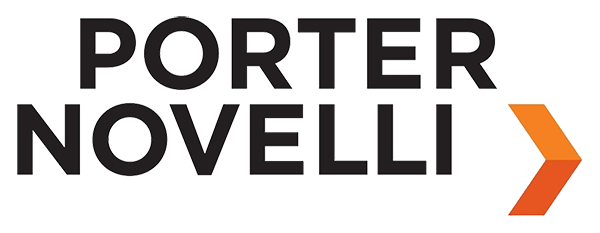 Logo of Porter Novelli emphasizing health equity, featuring bold, gray text partially overlaid with transparent stripes and accented by an orange arrow.
