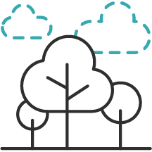 A line drawing of a tree with clouds in the background, showcasing climate action.