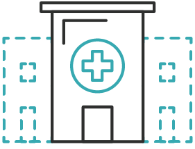 An icon of a medical building with a cross on it, symbolizing global population health.
