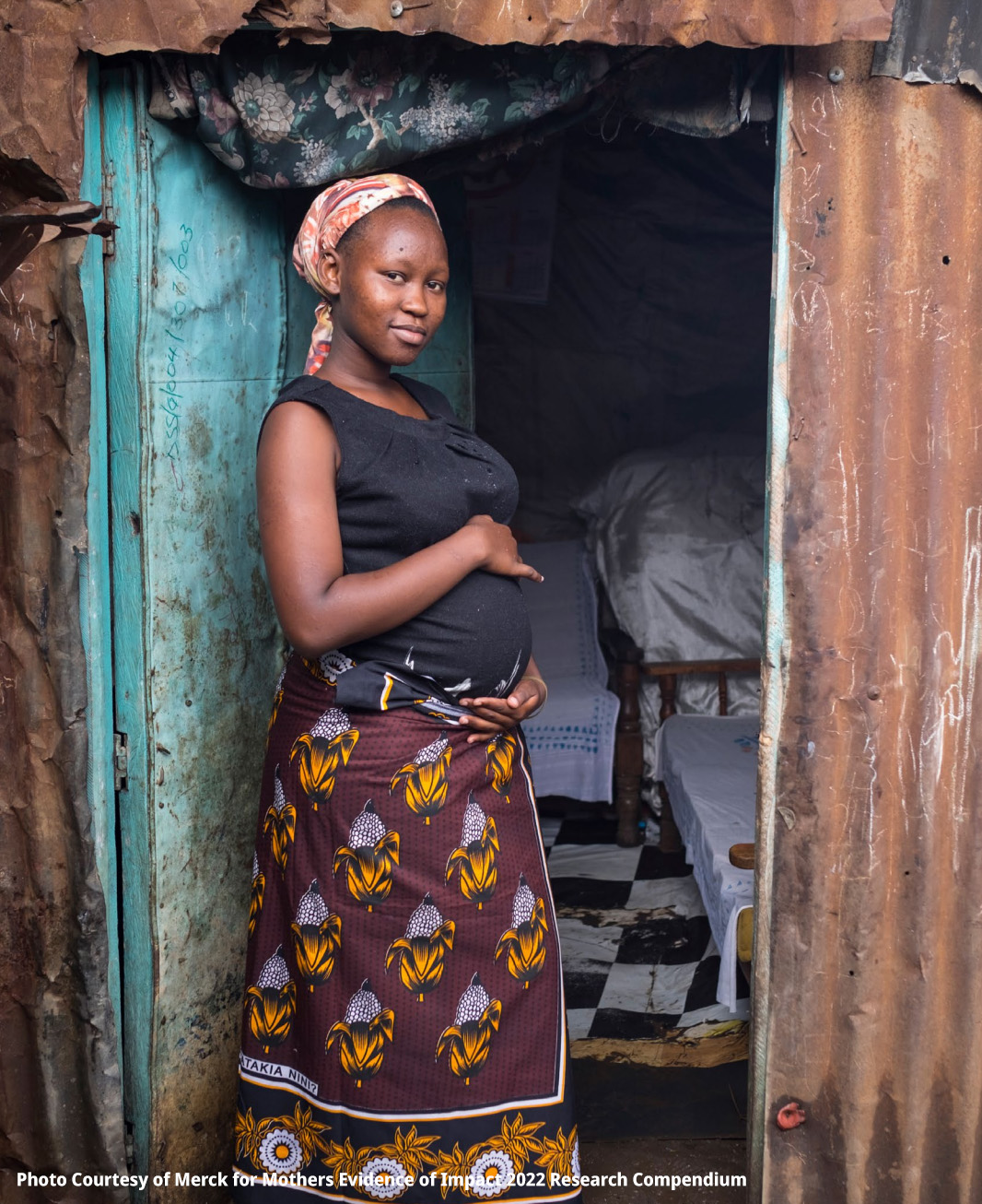 A pregnant woman standing in front of a shack as part of a global signature initiative to improve maternal health.