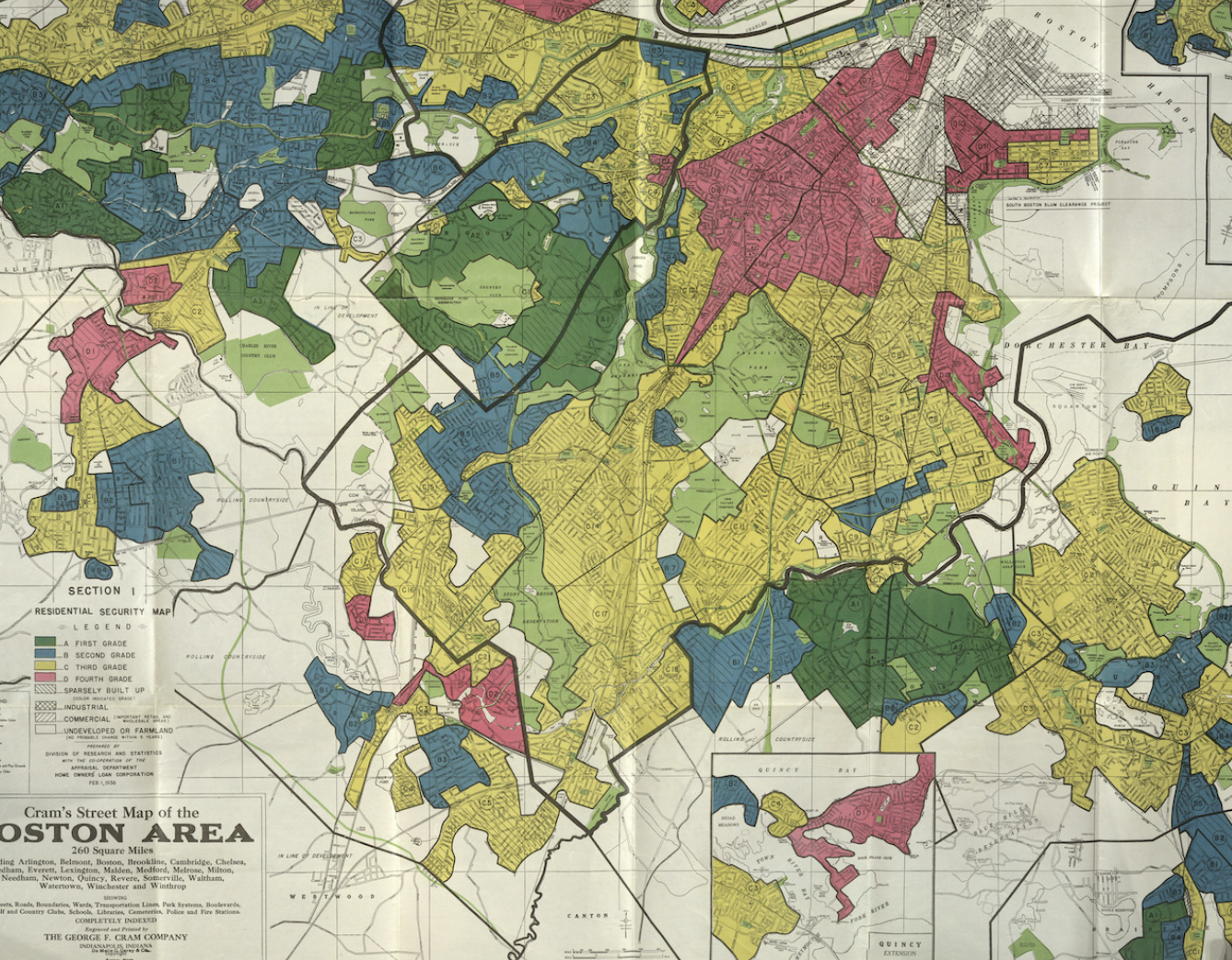 Historical colored map of the Boston area, illustrating various neighborhoods and street layouts, with a legend and marks highlighting areas affected by environmental racism.