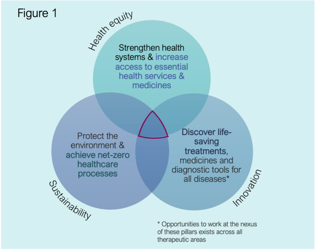Diagram illustrating the intersection of health equity, environmental racism, and innovation in healthcare. The central overlap encourages discovery of life-saving treatments.