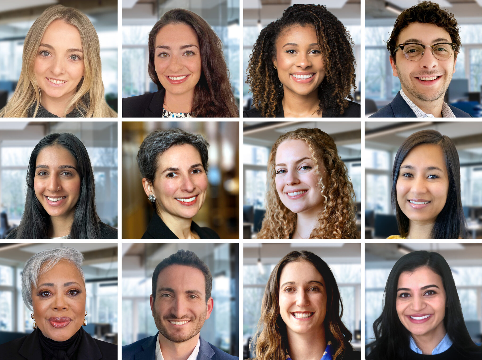 A grid of fifteen diverse individuals, who are global health impact advisors, smiling at the camera with a blurred office background.