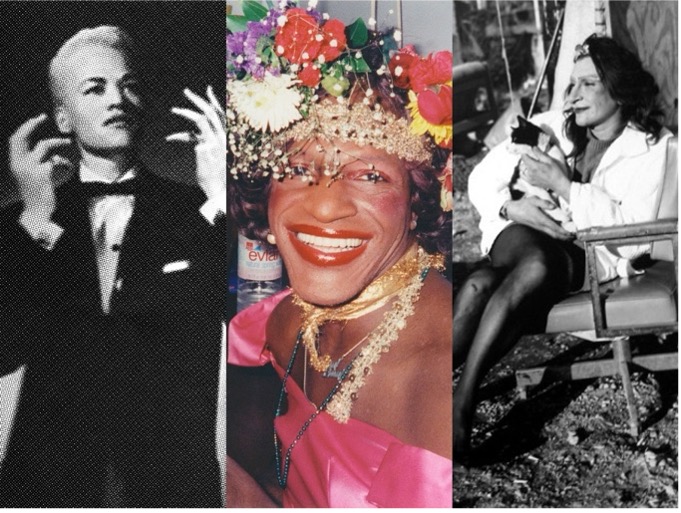 Three people in a photo collage: on the left, a person in a black tuxedo; in the center, someone smiling with a colorful flower headdress representing Pride and Progress; on the right, a person sitting outdoors holding a cat.