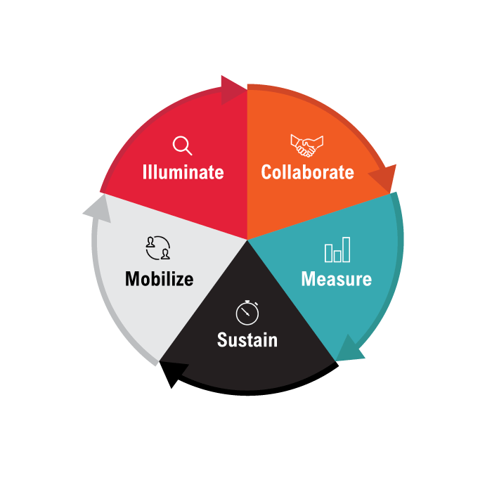 A circular diagram with five colored sections labeled: Illuminate, Collaborate, Measure, Sustain, and Mobilize—each with a unique icon. Arrows show the continuous cycle of purpose-driven advocacy in action.